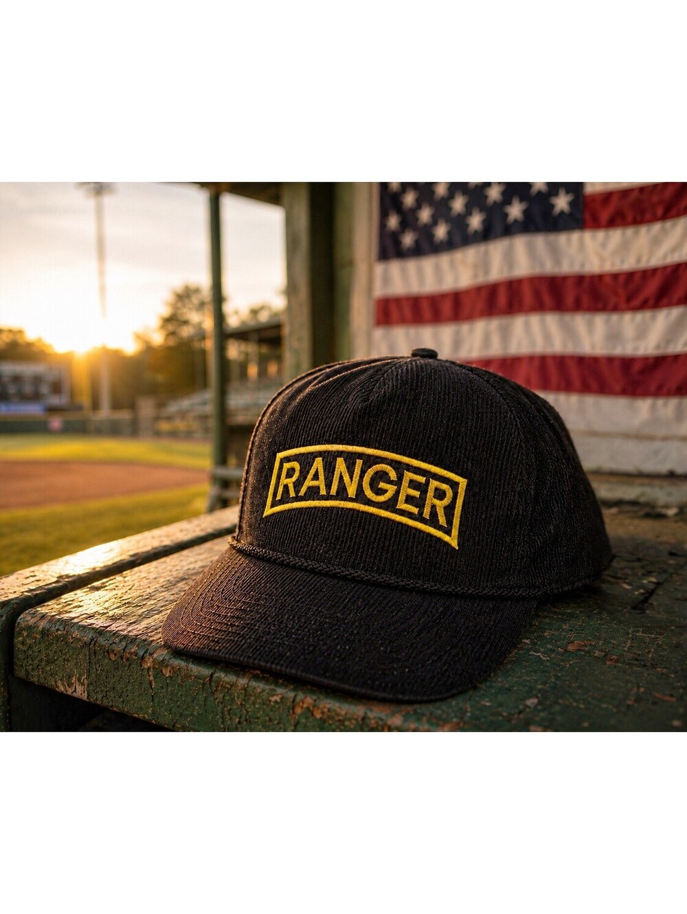 Vintage Eagle Crest US Army Ranger Tab Corduroy Hat Black Snapback Made in USA